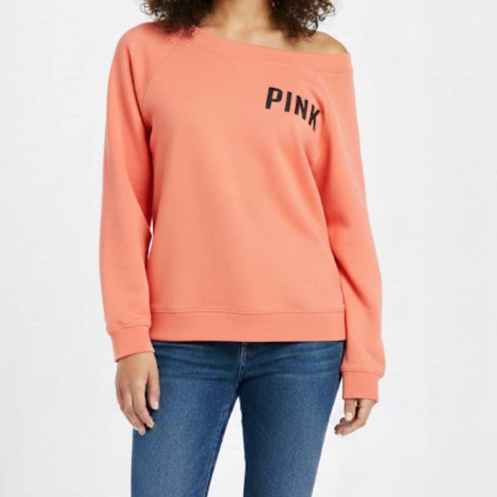 VS PINK Women's Size M Orange Scoop Neck Long Sleeve Graphic Sweatshirt